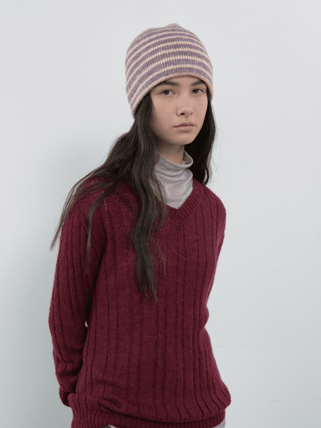STRIPE BEANIE_DUST PLUM MIX
