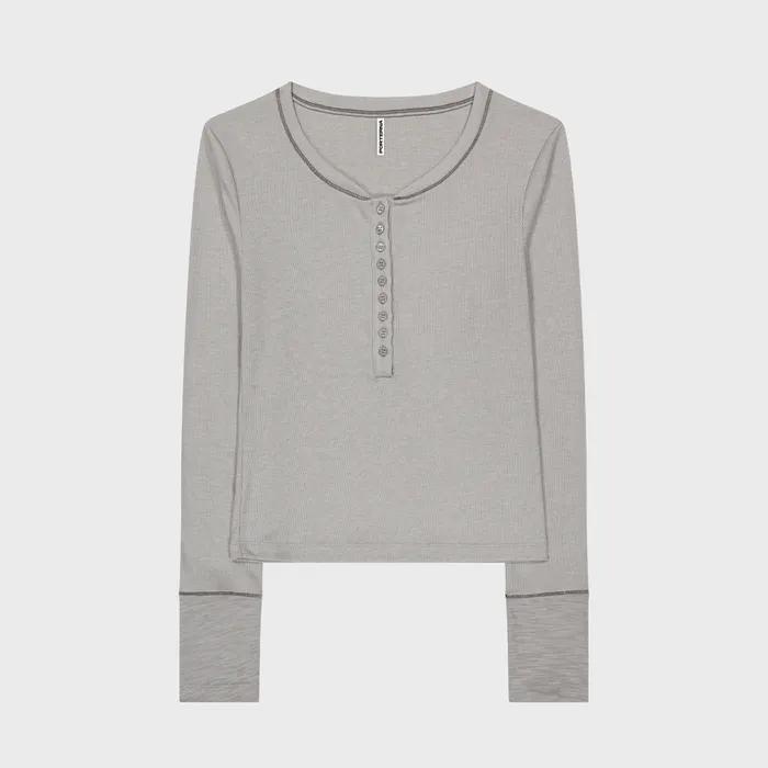 MIX POINT LONG SLEEVE BUTTON T-SHIRT-GRAY