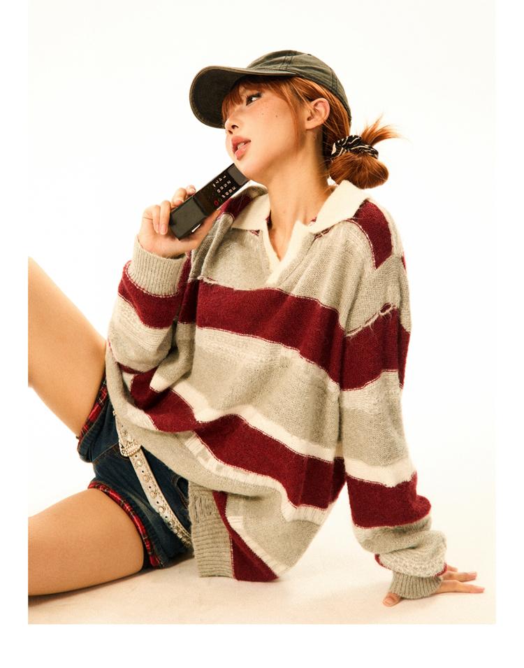 YOUNG STAGE Stripe Lazy Polo Sweater