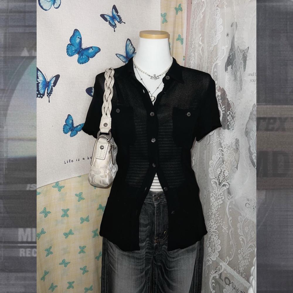 [중고] 막스앤코 블랙 시스루 슬림핏 반팔 셔츠