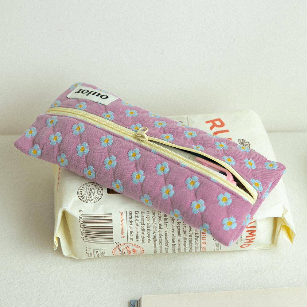 ouior flat pencil case - dot flower purple(middle zipper)