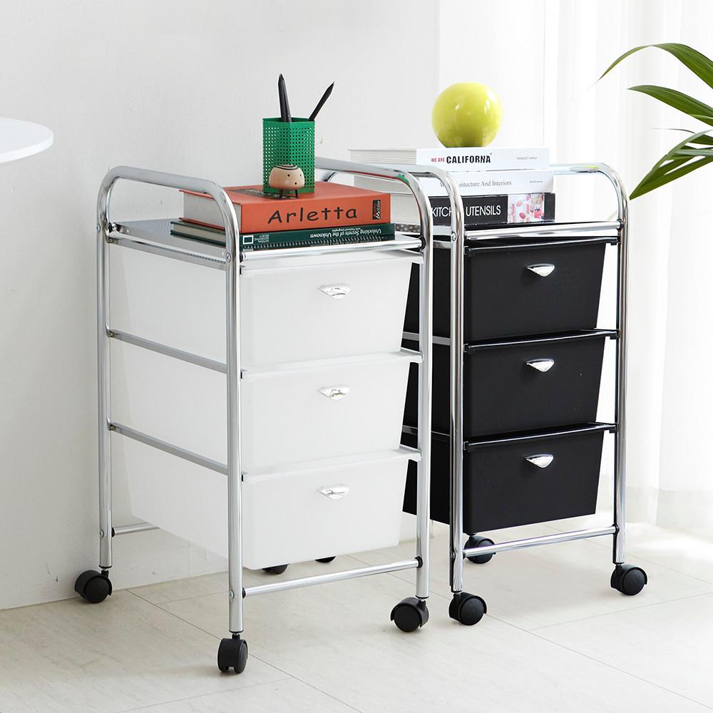 미드센츄리 모던 크롬 이동식 싱글 3단 서랍 트롤리 2colors