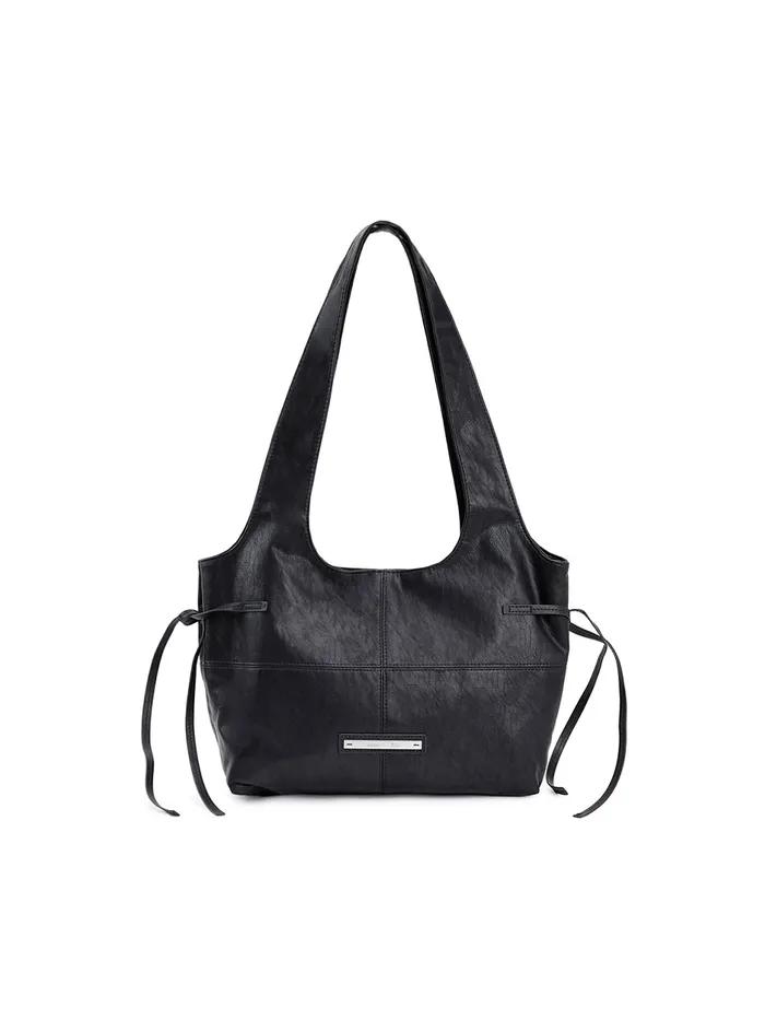 SIDE STRING LEATHER SHOULDER BAG IN BLACK