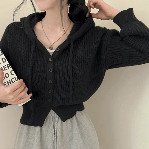 [폭닥폭닥] 모모 크롭 긴팔 니트 후드 가디건