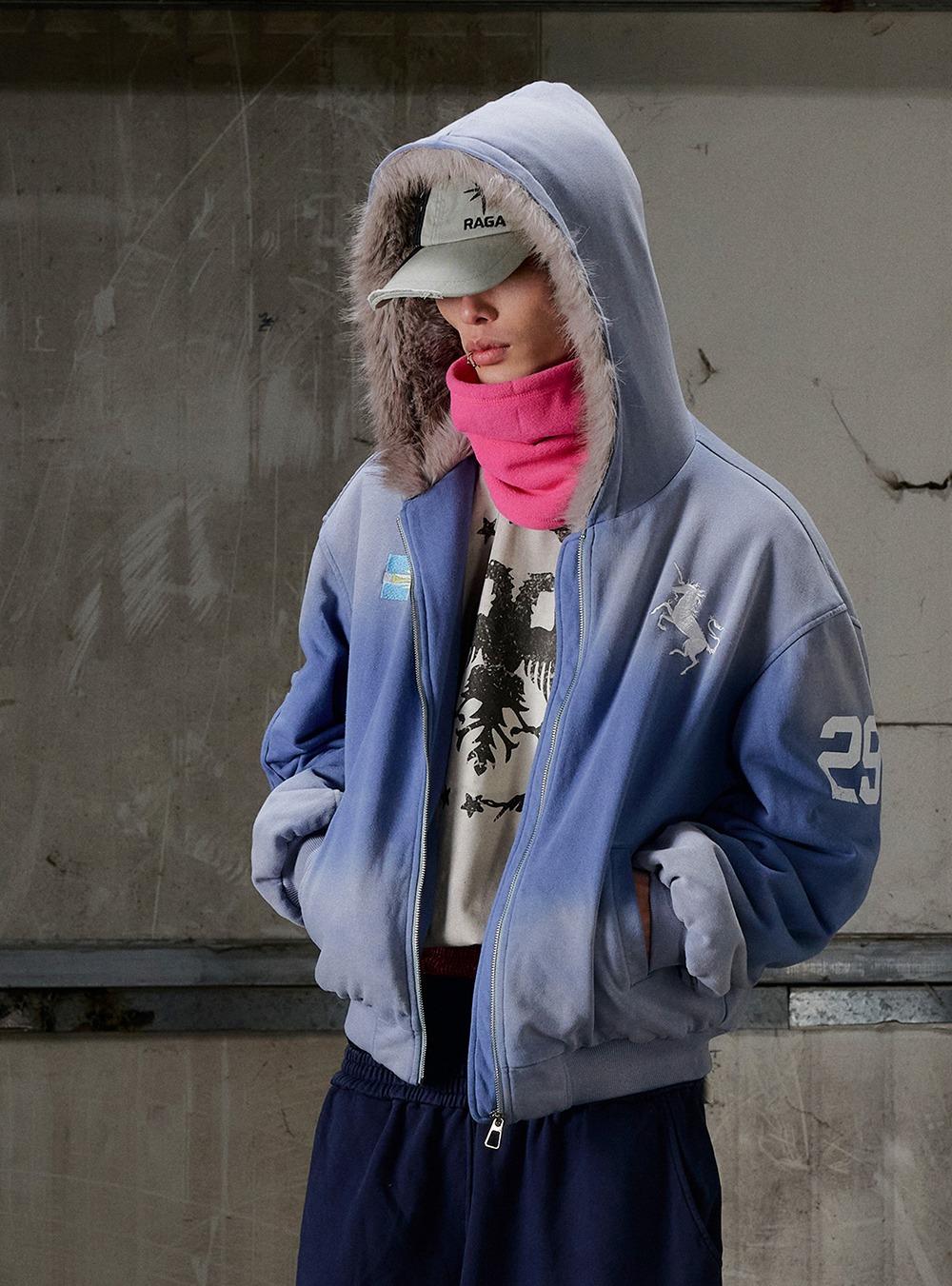 Gradient Fur-Lined Hoodie Bomber