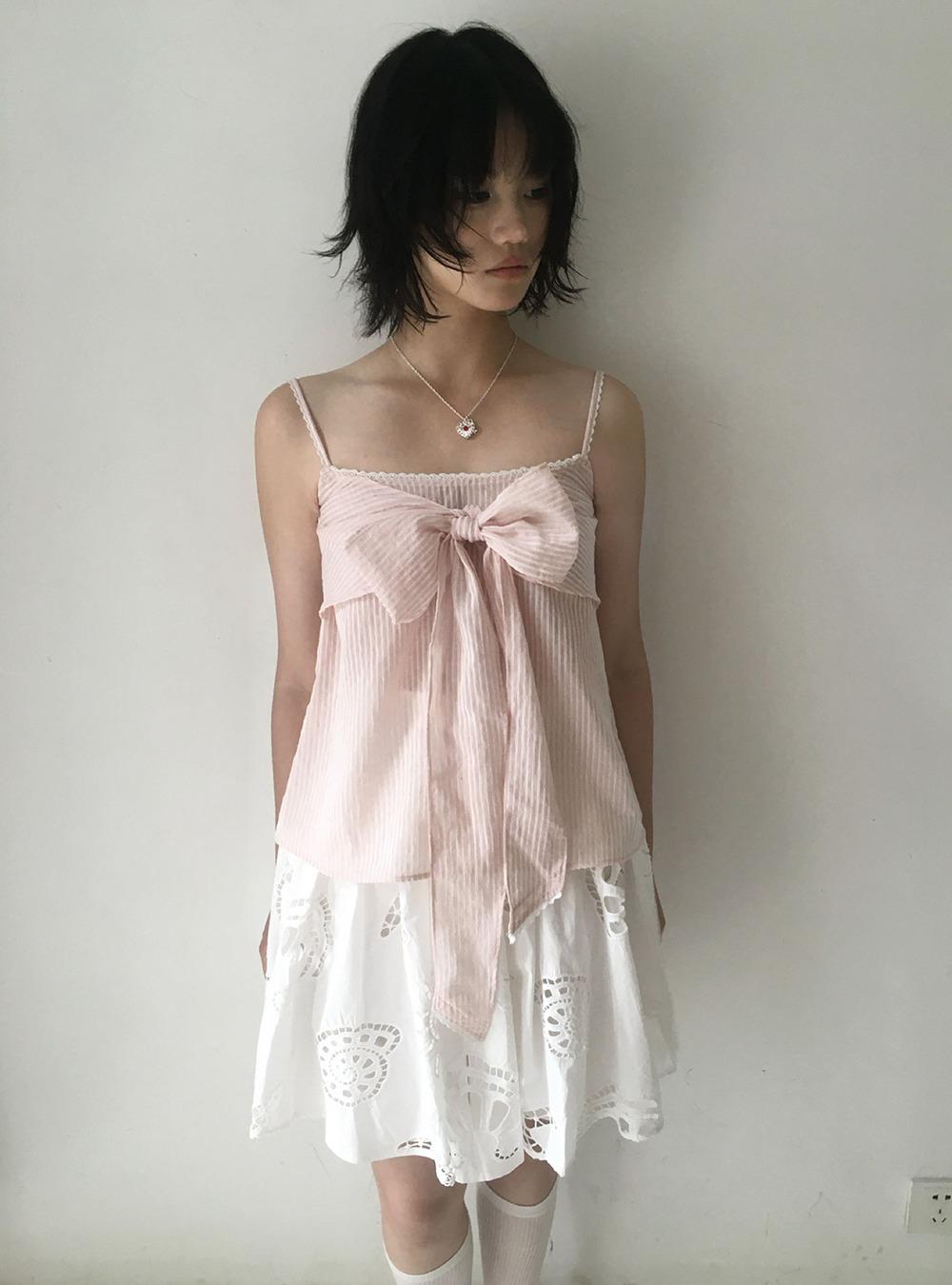 Pink Striped Lace Ribbon Point Top