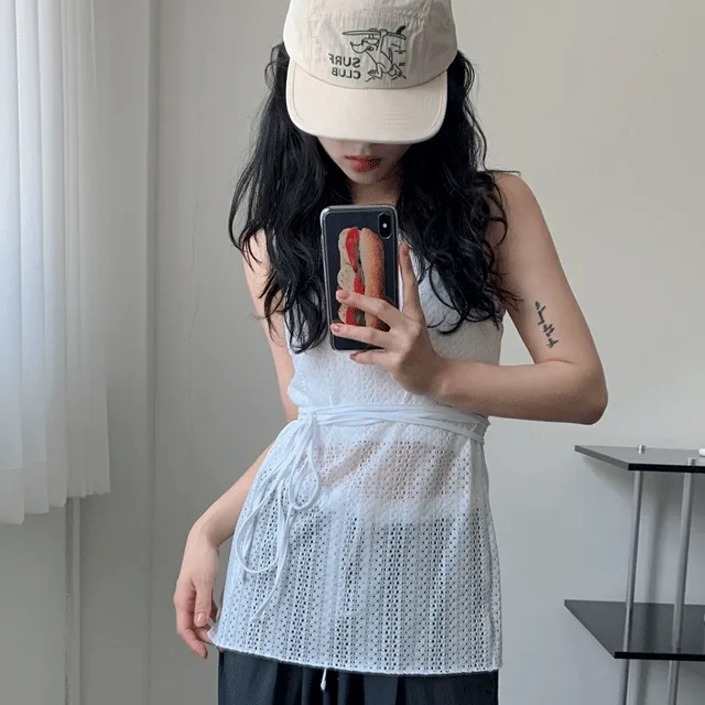 펀칭 레이스 스트랩 레이어드 나시 2color