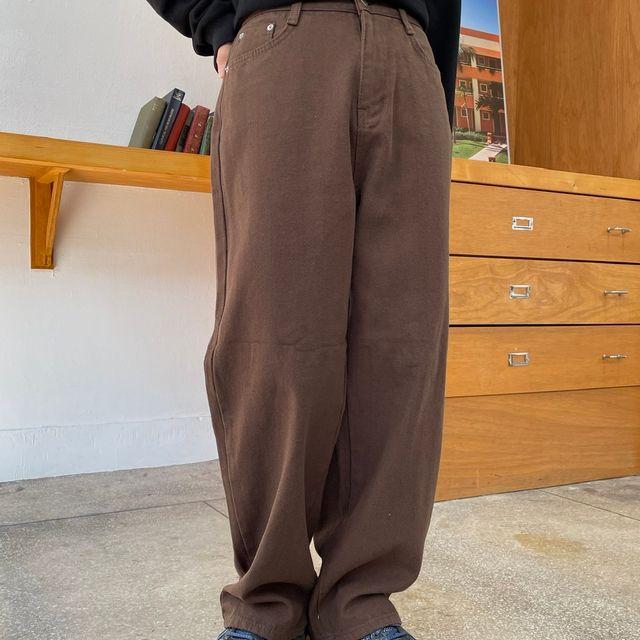아메카지 헤링본 코튼 브라운 와이드 팬츠