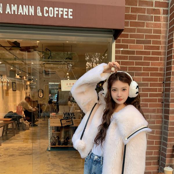 Sailor Collar Detachable Pom-Pom Fur Jacket
