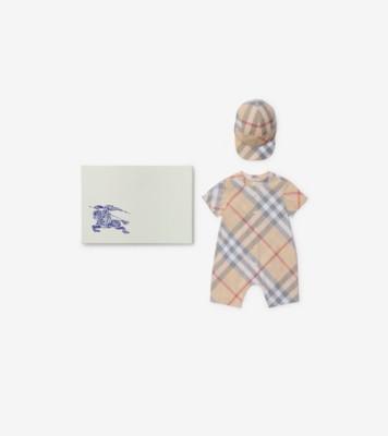 체크 코튼 2피스 베이비 선물 세트 (페일 스톤) - 아동 | 공식 Burberry®