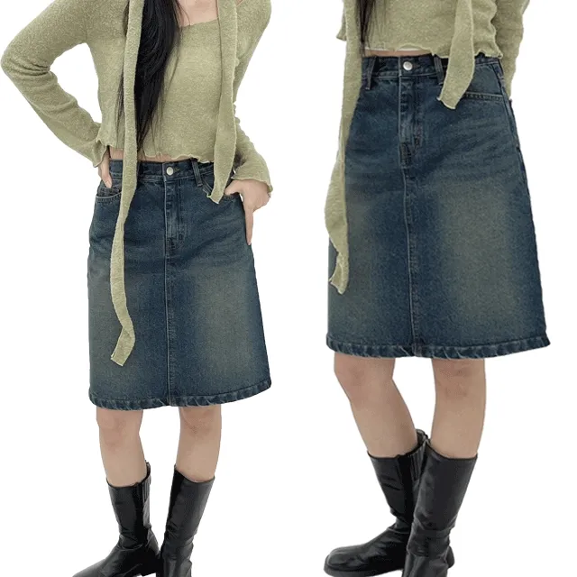 [당일출고] 멀핀 5부 미디 데님 워싱 H스커트