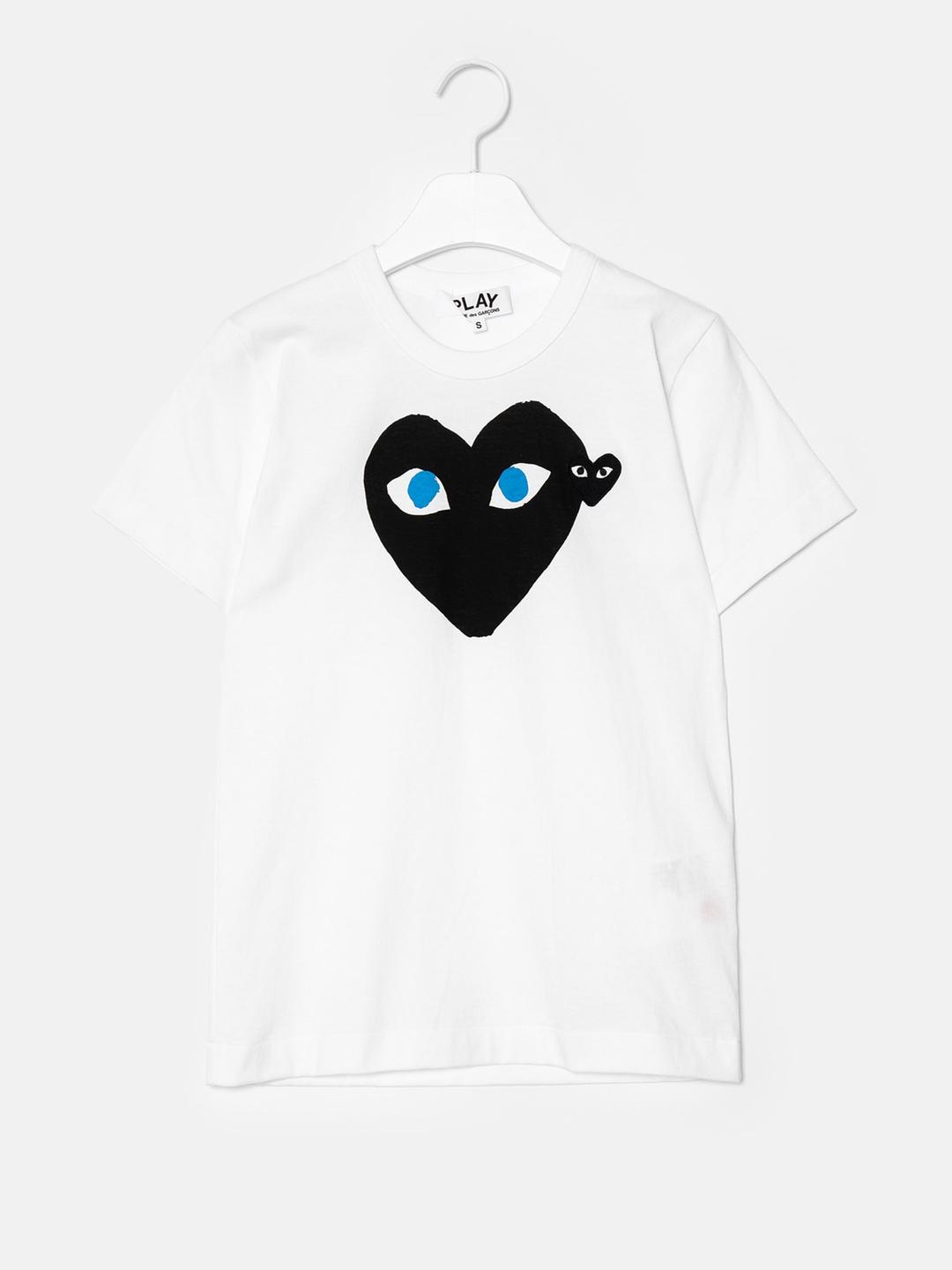 (Unisex) Black Heart T-Shirt With Blue Eyes Heart - White