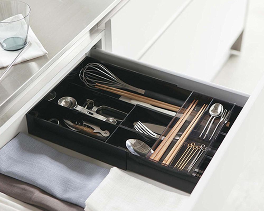 야마자키 타워 주방 길이조절 싱크대 서랍 수저통 키친툴 수저 정리함 트레이