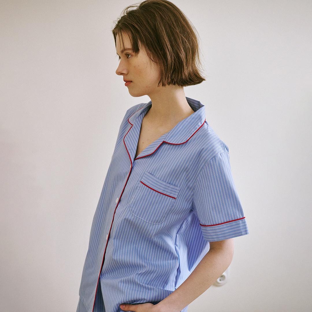 [29CM 단독] (w)스탠다드 티킹 스트라이프 파자마 반소매세트 블루