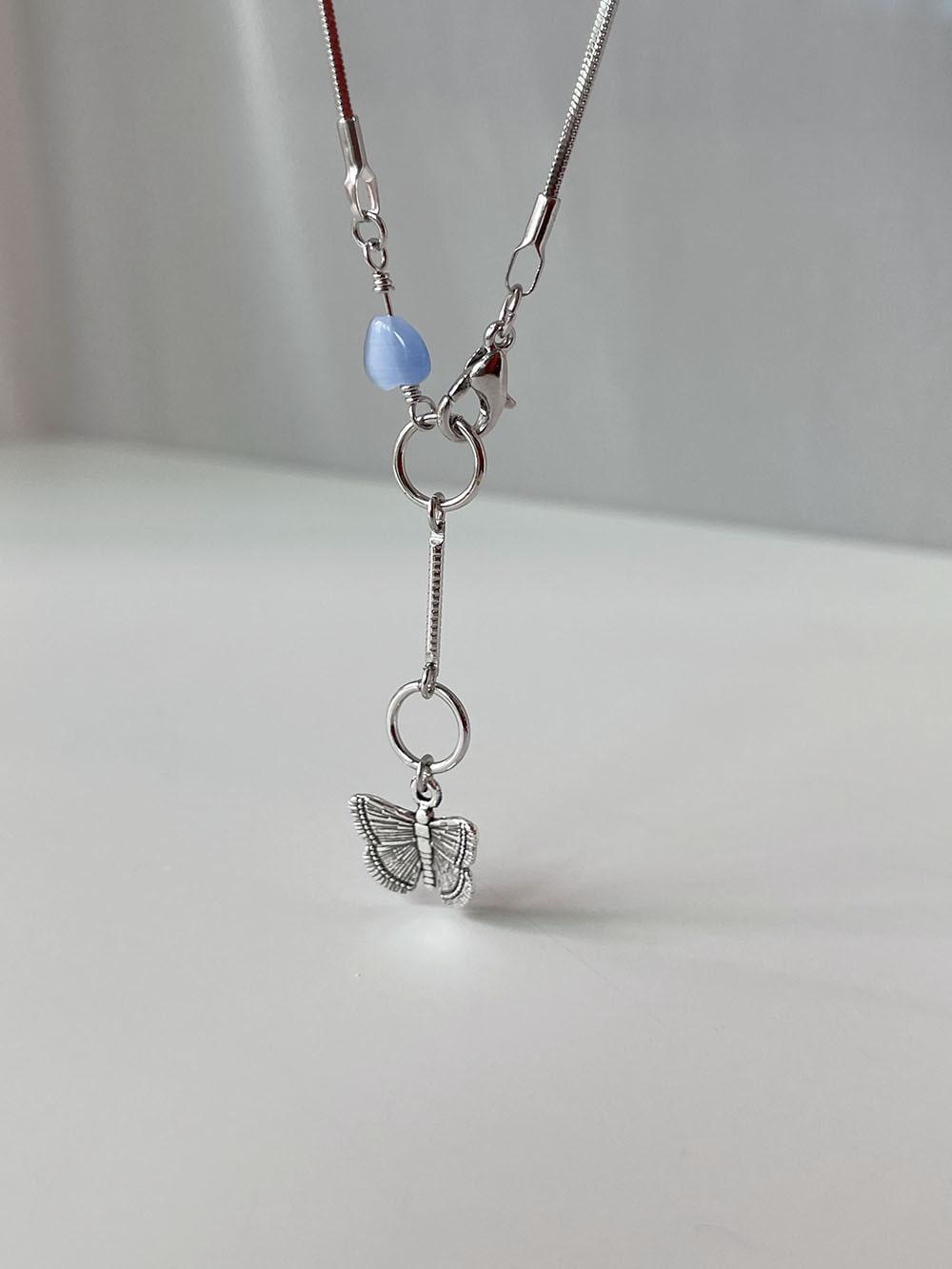 블루 캣츠아이 나비 드롭 목걸이