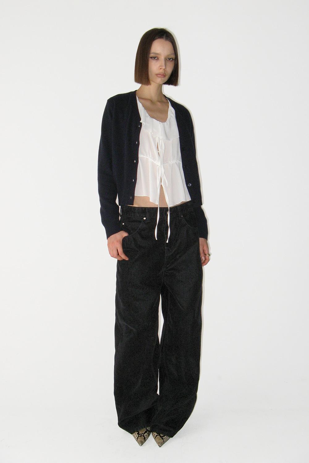 VELVET TAPERED DENIM PANTS, BLACK