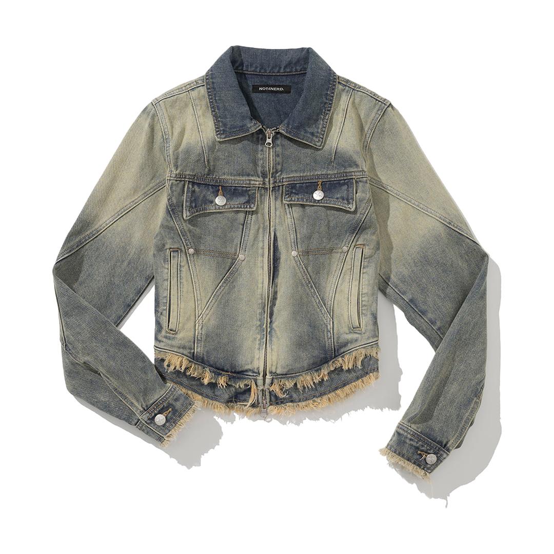 W Cut Off Incision Vintage Denim Jacket - Deep Blue