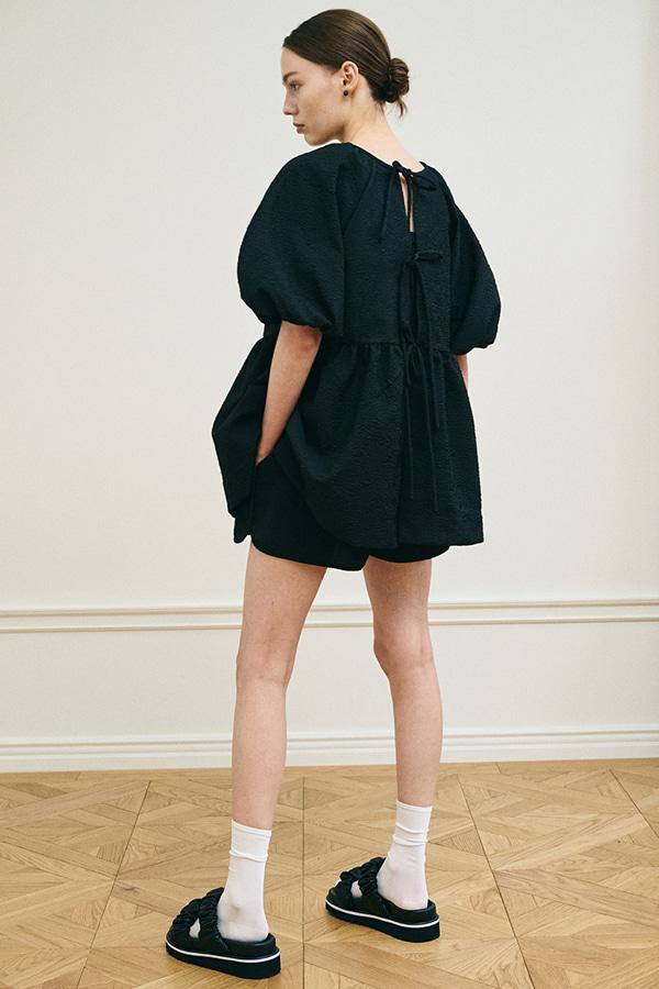 Jacquard volume puffy 2way blouse - Black