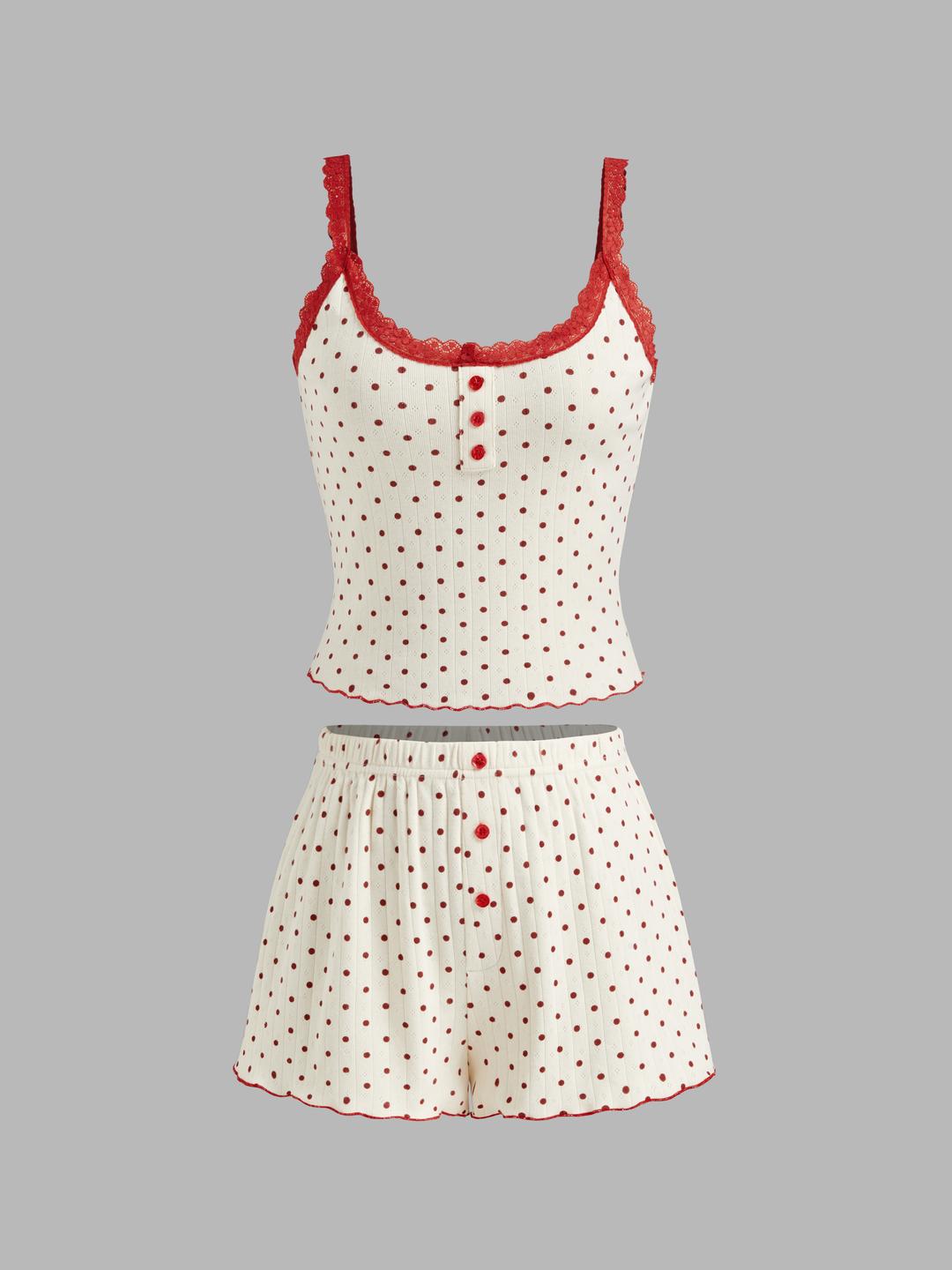 100% Cotton U-neckline Polka Dot Lace Trim Cami Top & Mid Rise Shorts Loungewear Set