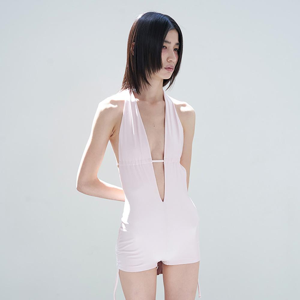 Deep V Cut Halter Swimsuit _ Pearl Baby Pink