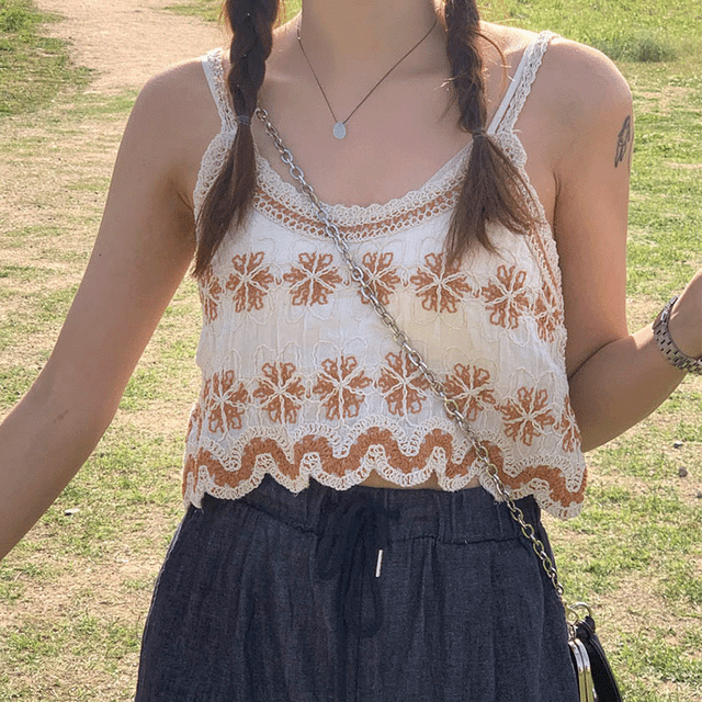 플라워 뜨개 크롭 니트 뷔스티에 탑