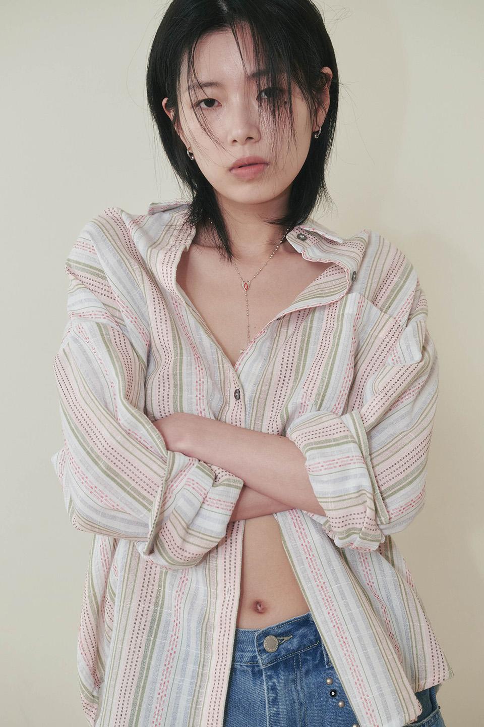[PLZPROJECT]LINEN STRIPE SHIRT, PINK