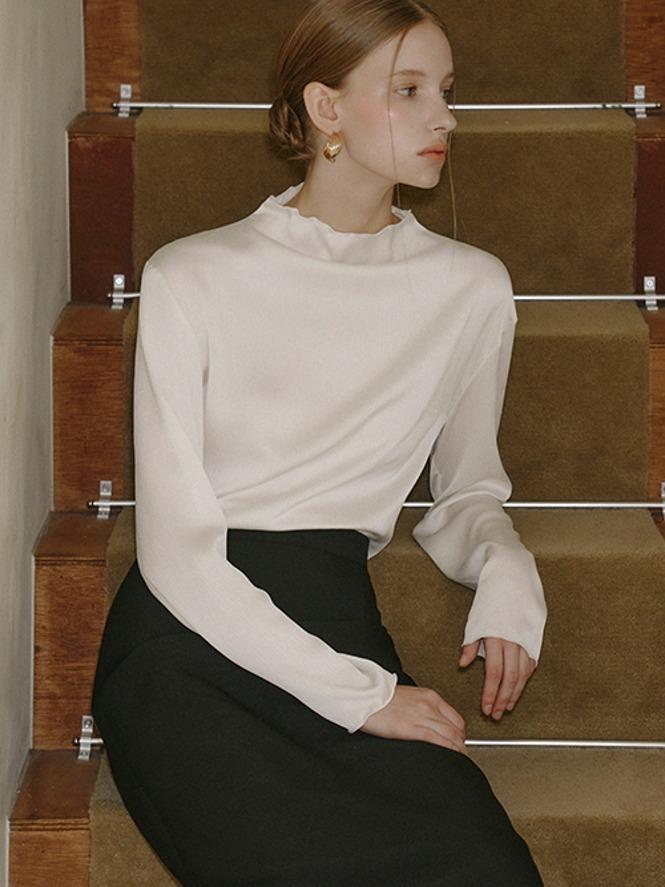 [5차 리오더] tifof 아너 실키 하이넥 플리츠 블라우스