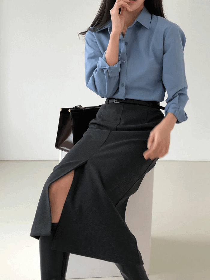 오드 도톰 벨트 슬릿 H라인 스커트