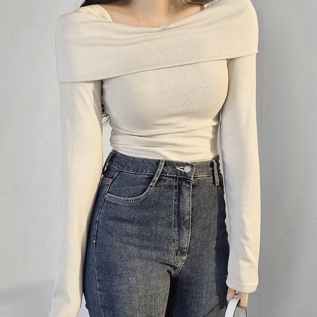 [기모 선택!] 캐미 오프숄더 슬림 기모 긴팔 티셔츠 - 3color