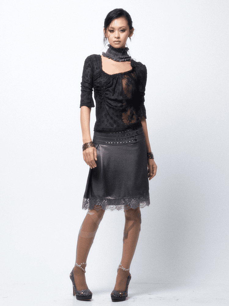 Flowers birds Market Multi-layered satin lace midi skirt