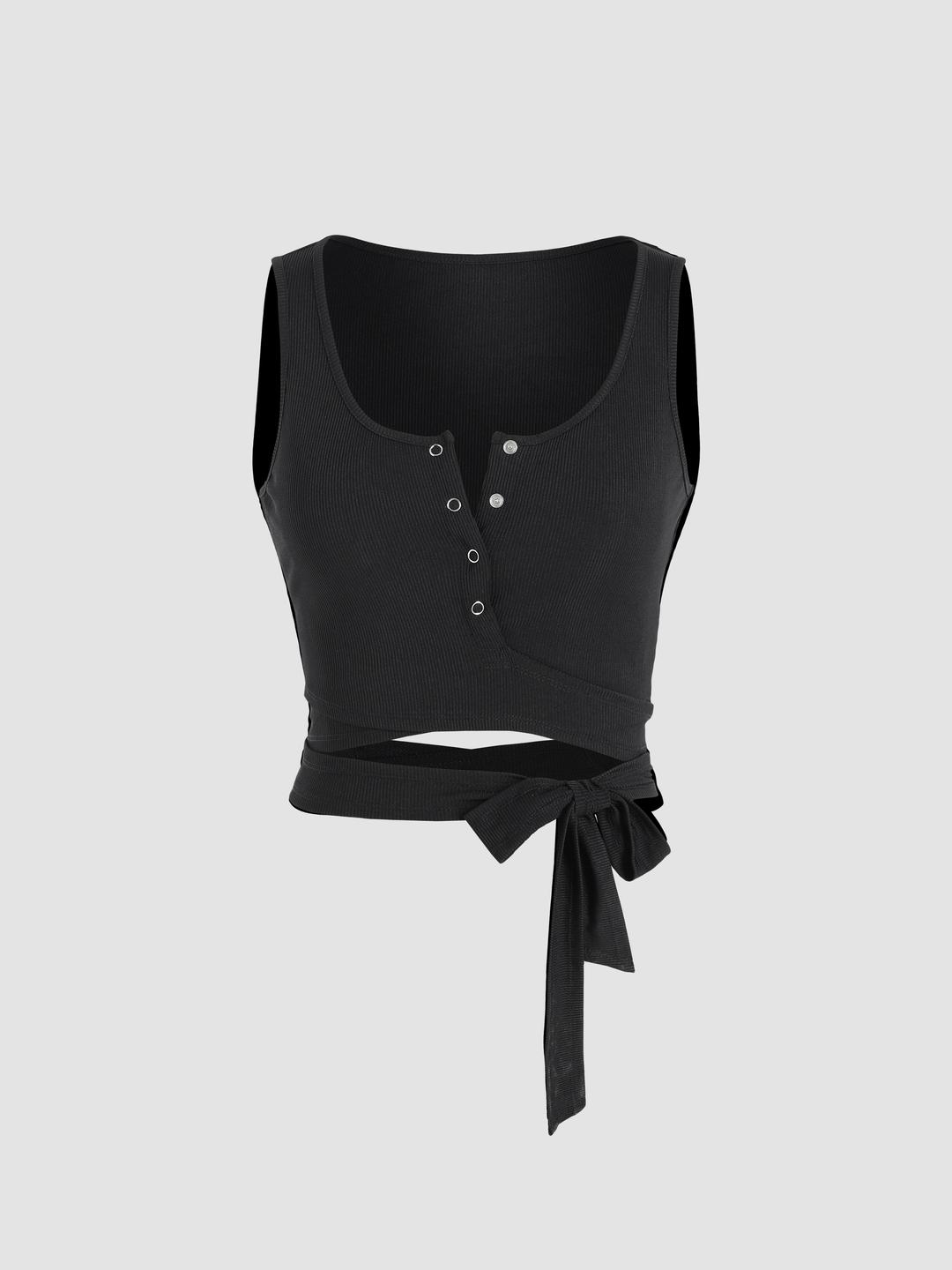 Solid Rib Tie Waist Tank Top
