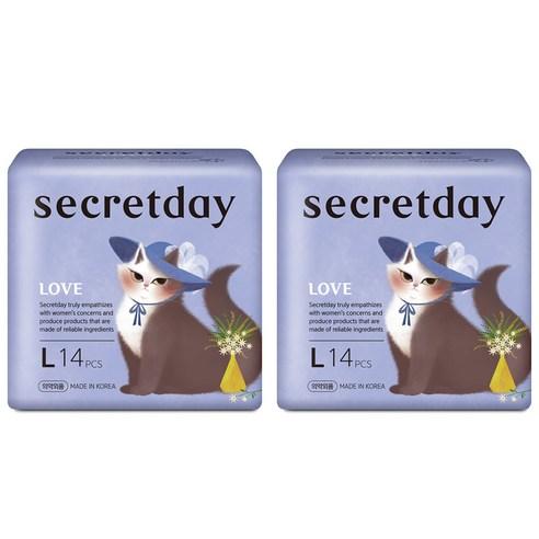 시크릿데이 러브 울트라슬림 대형 생리대 날개형, 대형, 14개입, 2개