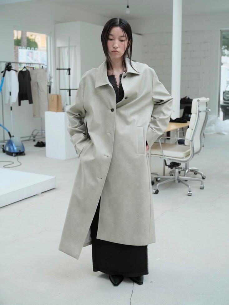 VEGAN LEATHER MAXI COAT, (GRAY)