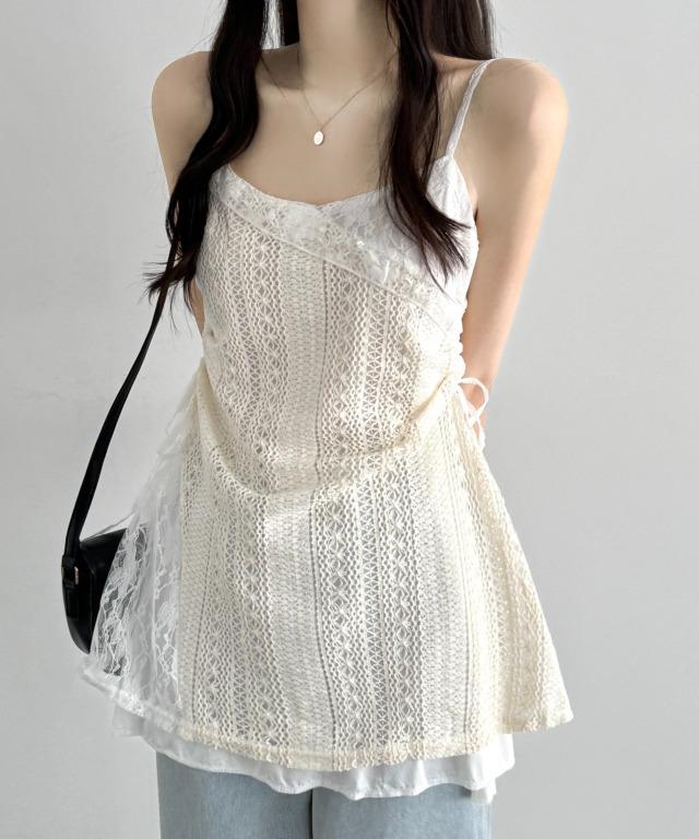 이버유 [발레코어/폭주❤] 벚꽃룩 언발 레이스 셔링 뷔스티에 미니원피스