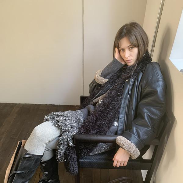 LONSLAN reversible collar drawstring leather lambskin coat