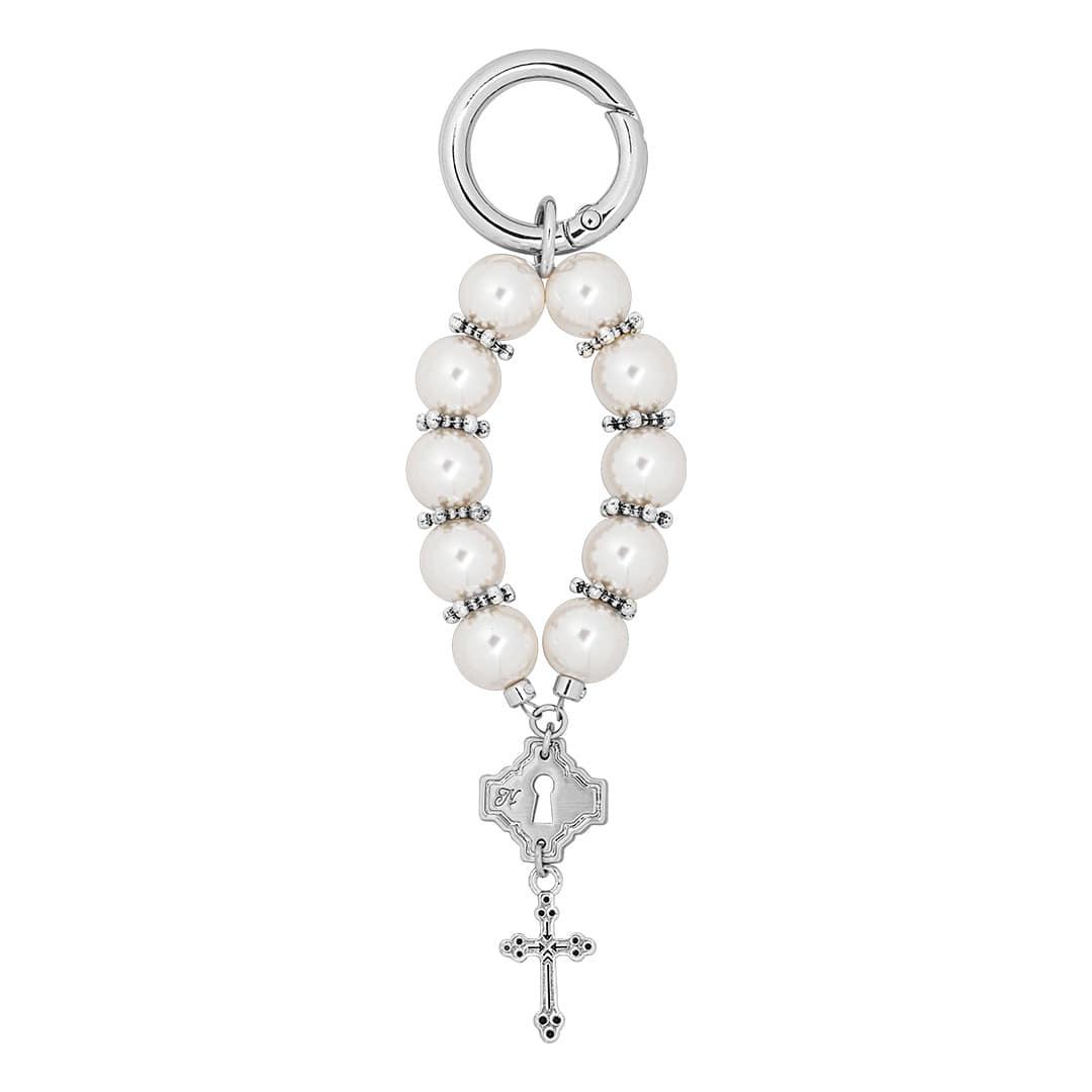 cross pearl key ring