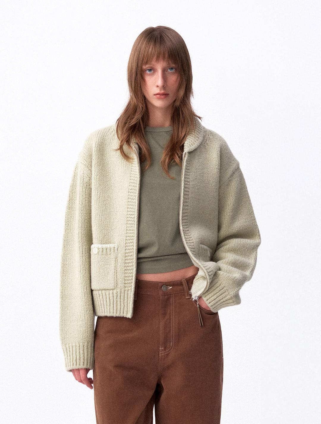 슬리브 패치 울 집업 가디건