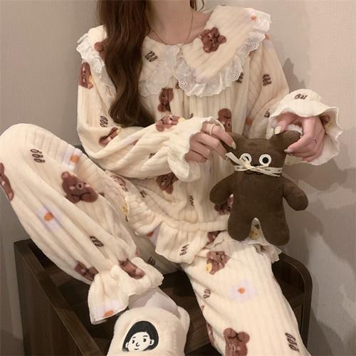 [홈웨어] 큐티베어 곰돌이 포인트 레이스 빅카라 슬립웨어 파자마 후리스 보아털 플리스 수면바지 수면잠옷 파자마 연말파티 파자마파티 통큰 편안한 상하의 투피스세트 귀여운 사랑스러운 캐주얼 원마일웨어