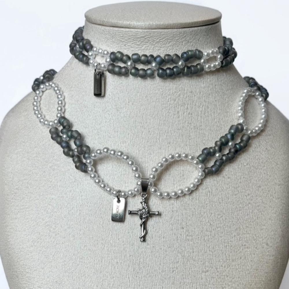 Shine blue cross 진주 목걸이