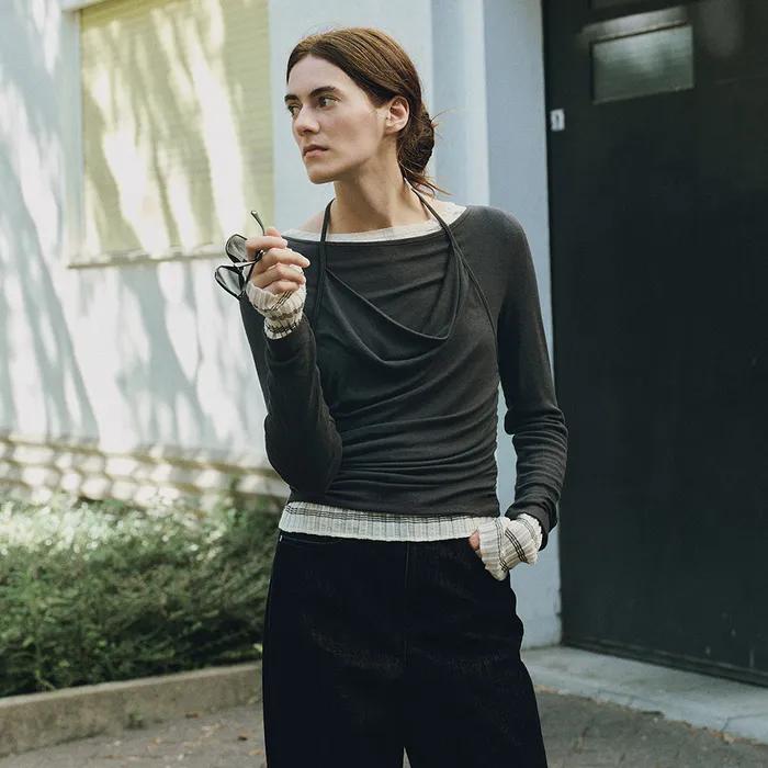 Cowl Halter Layered Jersey Top SW6XE343_3color