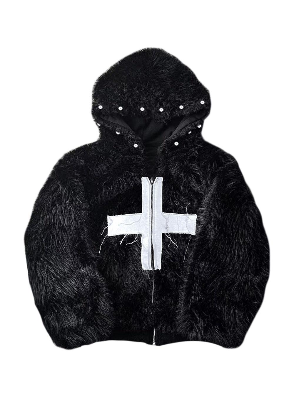 [PAIKI] Empire Cross Faux Fur Hooded Jacket