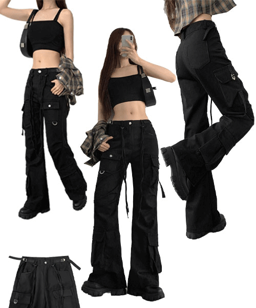 ~XL[Y2K/로우핏,허리조절O]허리 스트랩 로우웨스트 포켓 셔링 핀턱 와이드 부츠컷 팬츠