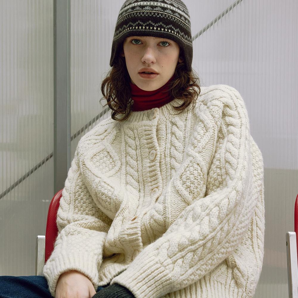 [Women] Heavy Wool Cable Cardigan (Ivory)