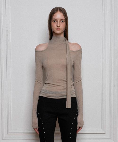 WOOL HIGH NECK SCARF LONG SLEEVE TOP, BEIGE