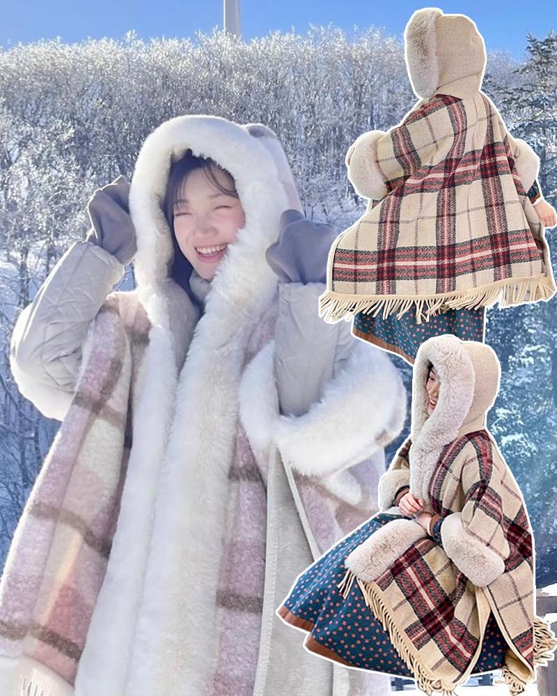 ✨주문폭주✨온-오프라인 1등 (프리미엄🎀퀄리티) 두툼한 담요느낌 ! 단독으로도 패딩위에 입기에도 좋은 "한겨울 삿포로 망토퍼\" (핑크체크 & 베이지체크)