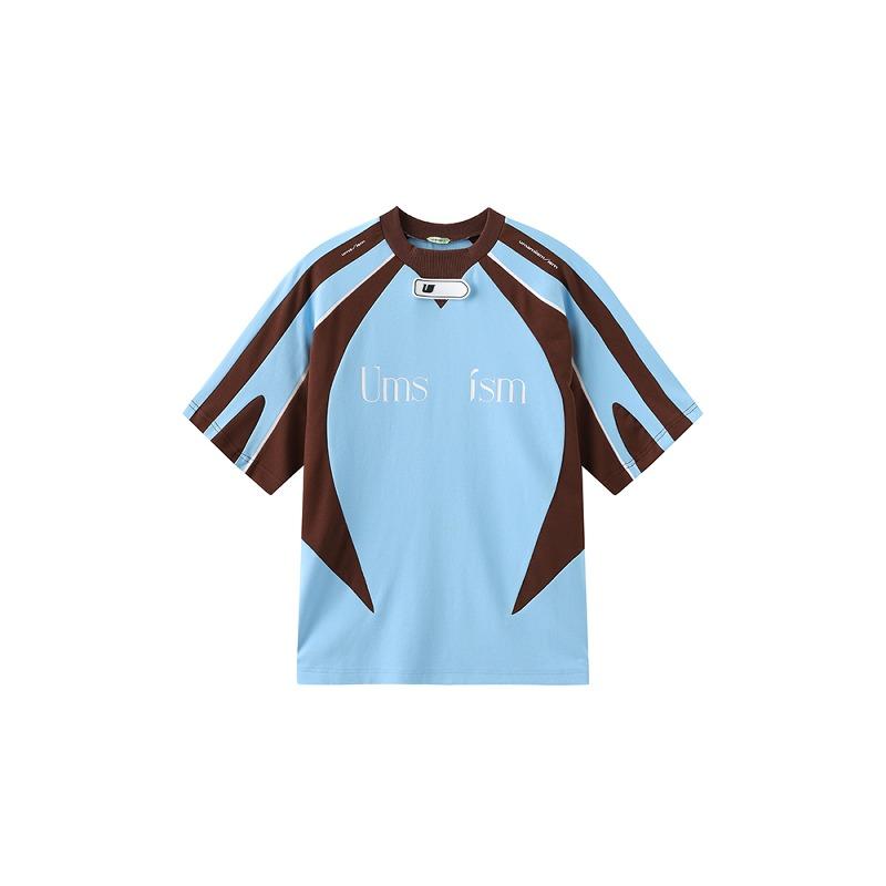 [UMAMIISM : 우마미즘] U logo neckn band multi panels t-shirt blue