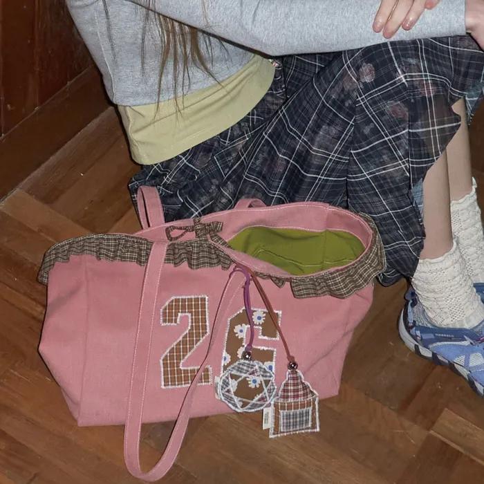 [단독] 26 Check Frill canvas bag_ Powder Pink