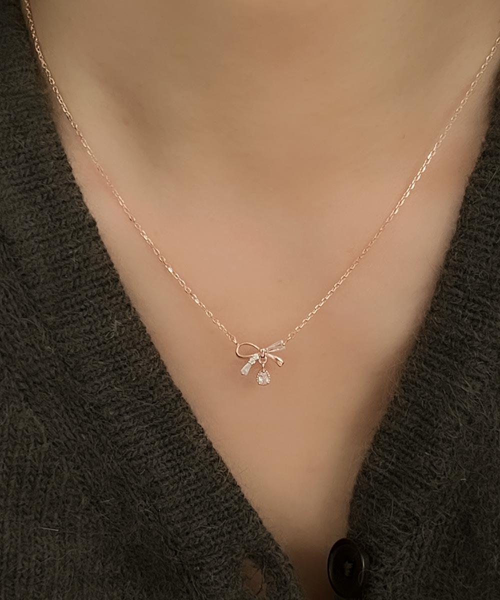 페브미 [무배] 실버925 테파 리본 물방울큐빅 드롭 목걸이 (실버 로즈골드)
