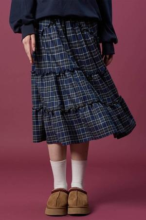 기모 도톰 체크 레이스 미디 플레어 롱스커트 [Navy_blue]