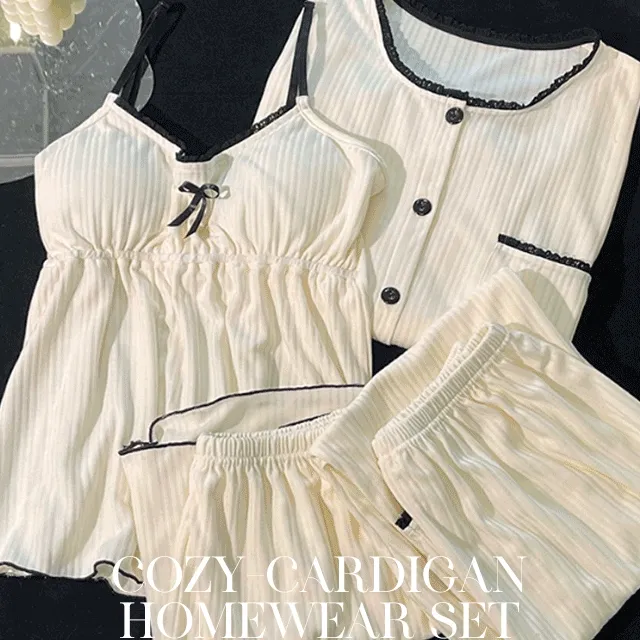 코지-가디건 세트 홈웨어/잠옷세트/여성스러운/리본잠옷/쓰리피스